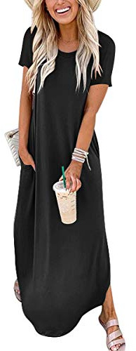 ANRABESS Womens Summer Maxi Dress Short Sleeve Casual Loose Long T Shirt Dresses Split Vacation Beach Sundress Travel Outfits Black Large