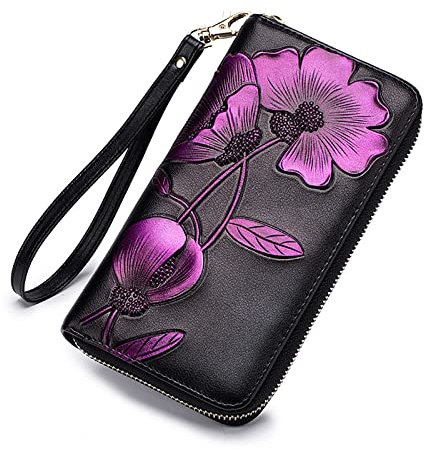 FORRICA Damen Geldbörse Leder Lange Brieftaschen Gross Rindleder Damengeldbörse Portemonnaie Frauen RFID Schutz Damen Reißverschluss Portmonee Lila