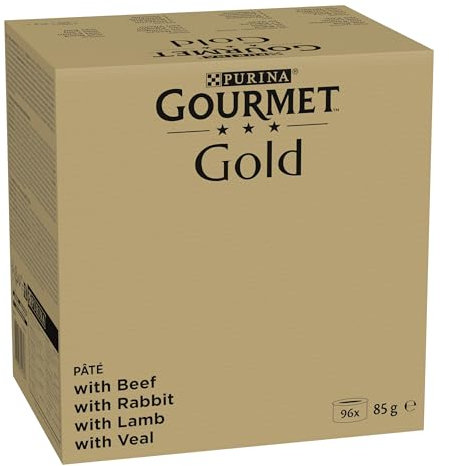 Gourmet Gold Feine Pastete, Katzenfutter nass, mitKaninchen, Rind, Kalb, Lamm, 12er Pack (12 x 4 à 85g)