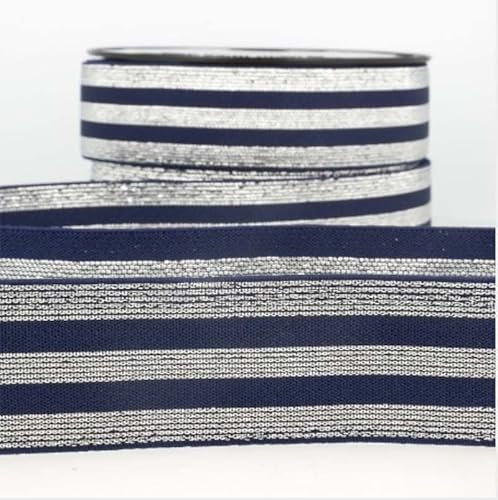 Gummiband 40 mm/Wäschegummi/Elastik Band mit Lurex Streifen - 3 Meter Länge, Marine/Silber