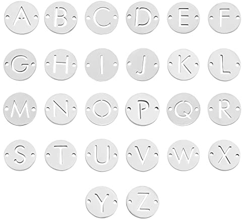UNICRAFTALE 26Pcs 201 Edelstahl Alphabet Verbinder Charms Metall AZ Buchstaben Anhänger Flach Rund Mit Buchstaben Charms 1.5mm Loch Verbinder Für Ohrringe Halsketten Armband Schmuckherstellung