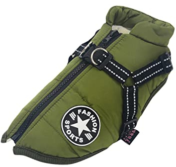 Ectkuee Hundejacke Winterweste Mit Geschirr - Wasserdichter Hundemantel für Kleine Hunde, Maschinenwaschbar, Reflektierender Streifen, Haltbarer D-Ring (Green-XXL)