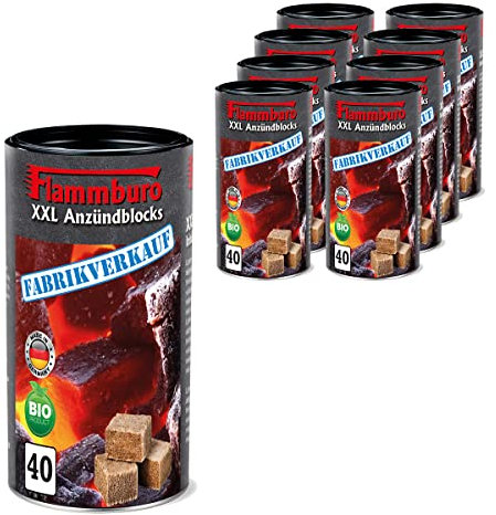 FLAMMBURO 9x40Würfel = 360 ökologische Anzündwürfel vom Deutschen Hersteller in Vorratsdose Grillanzünder, Kaminanzünder, Ofenanzünder, Anzündwürfel, Anzündwolle - Made in Germany