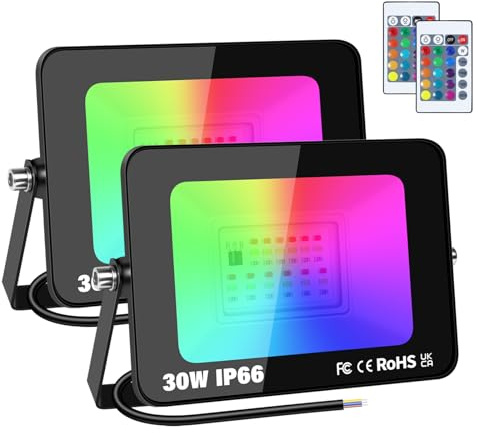 RIGIDON 2 Pack 30W RGB LED Flood Light Outdoor, 16 Colour Changing Light | No Plug, Dimmable, Remote Control, 4 Modes, 175-265V, IP66 Waterproof, Wall Floodlight for Garden, Yards, Landscape