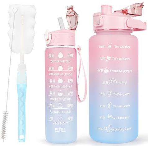 CodiCile 2 Pack Trinkflasche BPA-frei 2L+750ml, Sport-Trinkflasche mit Zeitmarkierung & Strohhalm, 2 Liter Trinkflasche fürs Fitnessstudio mit Bürste, Großer motivierender Zeitmarker Wasserflasche