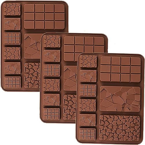 BURRSJ 3 Pack Silicone Chocolate Moulds Break-Apart Waffle, Heart & Square | Food Grade, Non-Stick | Protein Bar, Candy & Baking Moulds | Dishwasher Safe, Reusable