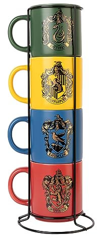 Grupo Erik Tasse Harry Potter Kaffeetassen Set 4er Hogwarts Häuser - Kaffeebecher Keramik Gryffindor, Slytherin, Ravenclaw und Hufflepuff - Tassen Set Mug je 300 ml, Bunt
