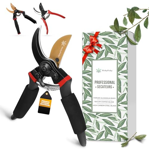 NickyPicky Secateurs Heavy Duty- Precise Pruning Power with Bypass Titanium, Pruning Shears - Ergonomic Soft Handle, Easy Lock, & High Carbon Steel - Pruners for Gardening - Garden Shears - Black