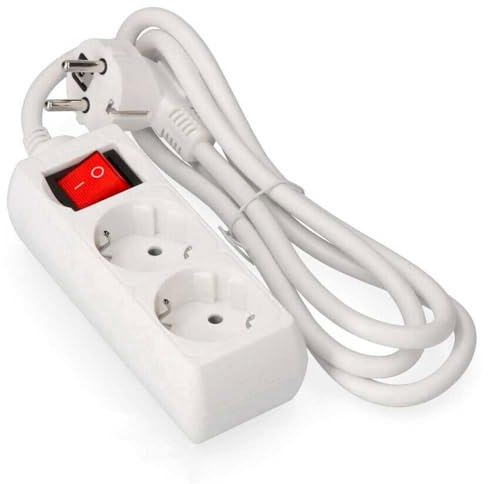 Multiprise Blanche à 2 Prises Schuko avec Interrupteur, 1,5 m H05VV-F 3G1,5 m㎡, Base de 2 Prises