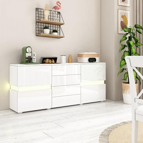 Kommode Sideboard Komodenschrank Buffet mit LED 2 Türen 4 Schubladen mit Drucksystem für Esszimmer Küche Wohnzimmer Hochglanzfront (Weiß)