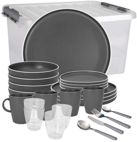 BRUNNER: Melamin Geschirr-Set Camping | 36-Teilig - Teller, Becher, Besteck & Gläser für 2-4 Personen | DOLOMIT All Inclusive - Stapelbar, Kratzfest