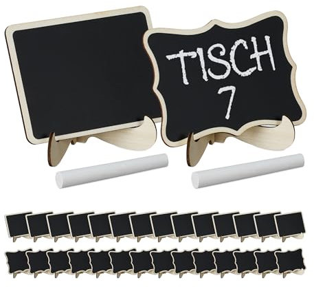 Relaxdays Buffet Schilder, 30er Set, kleine Tafeln zum Beschriften, Holz, mit 2X Kreide, Preisschilder, Natur/schwarz