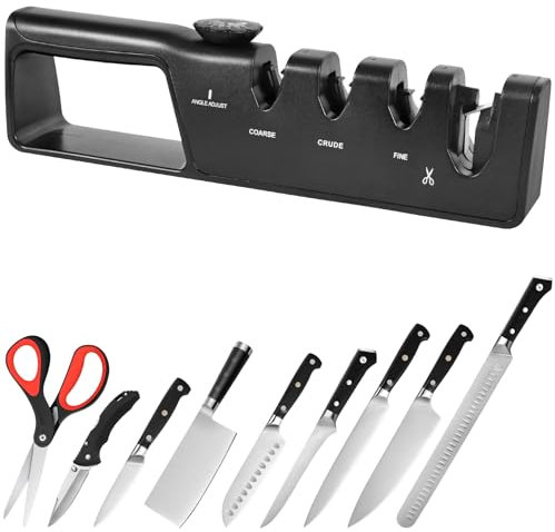ROELLY Afilador Cuchillos, Afilador de Cuchillos Profesional de Cocina Multifuncional, Afilador de Cuchillos 4 en 1 con Perilla de Molienda Ajustable de 6 Niveles, con Boca Afilador de Tijeras (Negro)