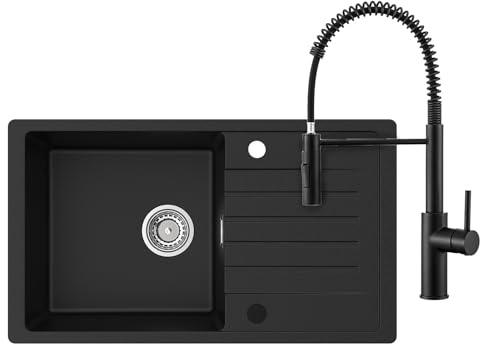 CECIPA Fregadero Cocina 1 Seno 78 x 45 cm y Grifo Cocina con Ducha, Fregadero Cocina Negro, Fregadero Sobre Encimera Instalación Reversible, con Sifón Classic y Rebosadero