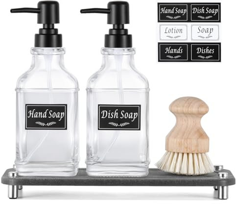 Shinowa Küchenseifenspender-Set, Seifenspender für die Küchenspüle mit Wasserabsorbierendem Steintablett, 2 Stück 18OZ Hand- und Tellerseifenspender aus Dickem Glas mit Pumpe