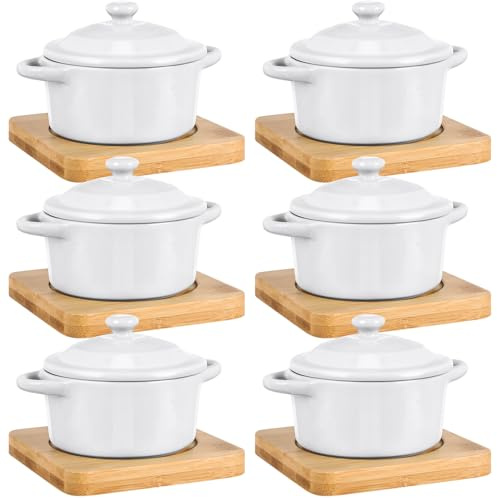 Mimorou 6 Set 7 oz Ceramic Mini Cocotte Set with Lid and Wooden Base Pumpkin Bowl Set with Handle Ceramic Soup Bowls Baking Ramekins Round Casserole for Home Thanksgiving Pumpkin Dish(White)