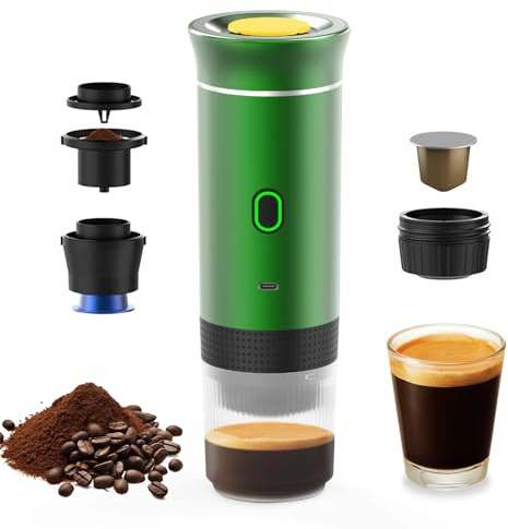 Irishom 3 en 1 cafetera eléctrica portátil, mini funciona con cápsulas y café molido, 15 bar y frío y calefacción para coche, casa, viaje