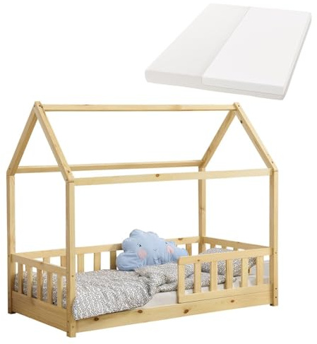 Juskys® Kinderbett Marli 80 x 160 cm mit Matratze, Rausfallschutz, Lattenrost & Dach - Massivholz Hausbett für Kinder - Bett in Natur