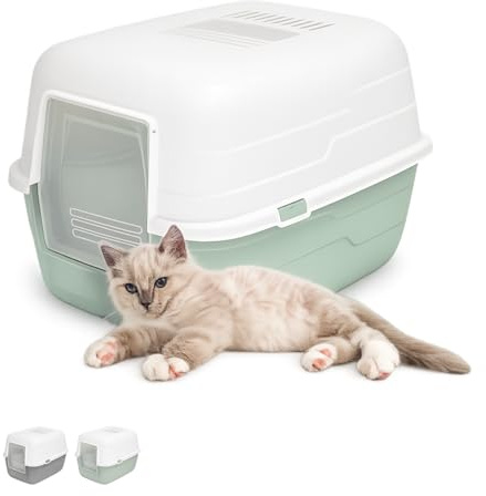 Paluplus Box Lettiera per Gatti Chiusa, Misura 48x38x32 cm, con coperchio apribile e porta basculante, Toilette gatti con filtro assorbi odori ai carboni attivi -314F (Verde)