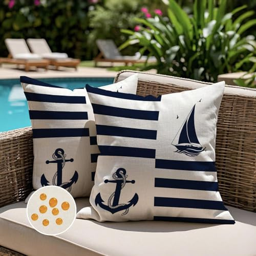 Jayusaror Kissenbezug Outdoor 45x45 Wetterfest Blau Kissenhülle Maritim Anker Segelboot Sommer Kopfkissenbezug Kissenbezüge Nautisch Kissen Zierkissenbezüge für Sofa Wohnzimmer Garten Deko，2er Set