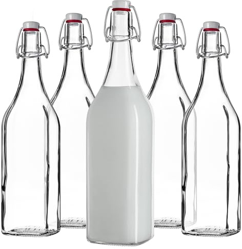 KADAX 5er Set Bügelflaschen 1L – Leere große Glasflaschen mit Bügelverschluss zum Befüllen für Saft, Wein & Kombucha, Refillable Glass Bottles
