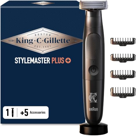 Gillette King C - Cortapúas eléctricas para hombres, estilo Master Plus, inalámbrico y con cuchillas afiladas, estuche para barba para hombre con 4 zuecos intercambiables para podar y afeitar