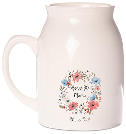 Pot à Lait en Céramique 450 ml Personnalisé - Bonne Fête Mamie avec Couronne de Fleurs - Pot à Lait ou Petit Vase - Cadeau Unique pour Mamie