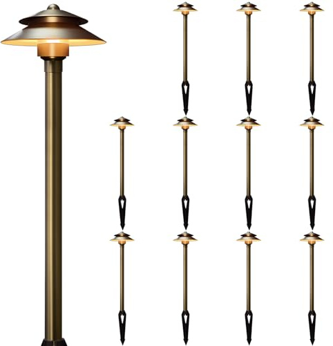 Gardencoin Solid Brass Low Voltage Landscape Pathway Lights (6'' Shade, 19'' Tall), 12V LED Heavy Duty Path Lighting Outdoor Wired, Waterproof Antique Bronze Walkway Light Without G4 Bulb,12 Pack
