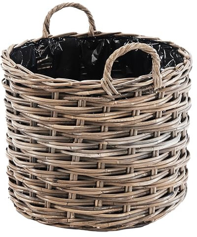Kobolo Pflanzkorb KERT 43x43x43 cm, rund, Grauer Rattankorb mit Folie & Griffen, dekorativer Übertopf für Pflanzen, Kräuter, Garten, Balkon, Terrasse, Innen- & geschützten Außenbereich