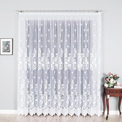 Gardinen Vorhangen Weiß Jacquard 300x180 cm (BxH) Danuta mit Kräuselband Wohnzimmer Küche Schlafzimmer Schiebevorhänge Blumen Muster Eleganten Design