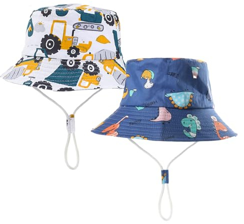 FOUNSHO 2 Pieces Baby Bucket Sun Hat, Kids Summer Outdoor Fisherman Hats, Toddler Sun Protection Wide Brim Beach Cap with Chin Strap for Boys Girls Child 2-4 Years (UK, Alpha, S, M, Dinosaur+Car)