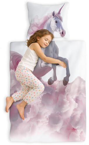 Carpe Sonno Kinderbettwäsche 135x200 cm Einhorn – Renforcé Baumwolle | Kinder Bettwäsche für Jungen & Mädchen | 100 % Baumwolle, 2-tlg mit Reißverschluss | Kissenbezug 80x80