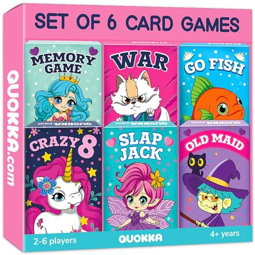 QUOKKA Card Games for Kids Ages 4–8, 6 PACK, Crazy 8, Go Fish, Old Maid, War, Slap Jack, Memory Match – Fun Family Games Playing Cards for Kids with Unicorns, Mermaids etc, Easy to Learn, Travel Gift