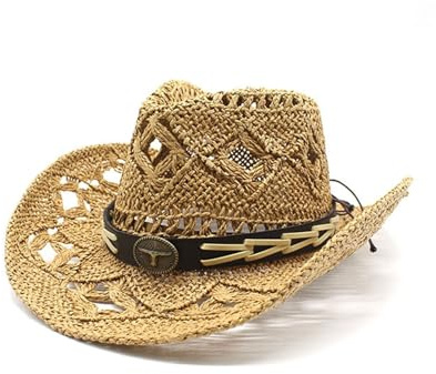 Generisch Sombrero de paja para mujer, sombrero de vaquero occidental, sombrero de paja moldeable, sombrero para el sol ahuecado para el sol para niños, caqui, talla única