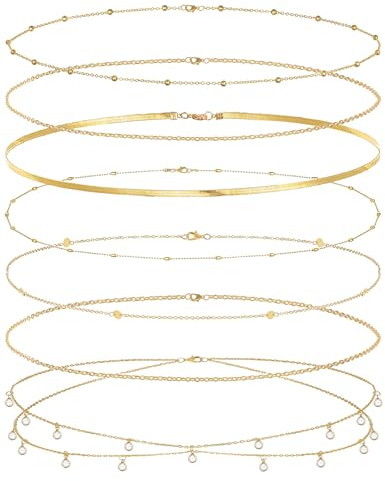 Wrlcorly 8Pcs Waist Chain 18K Gold Plated Belly Belt Chains Sexy Bikini Summer Beach Satellite Beaded Sequin Snake Layered Coin CZ Body Chain Jewelry Accessories for Women Gold Silver Tone Adjustable