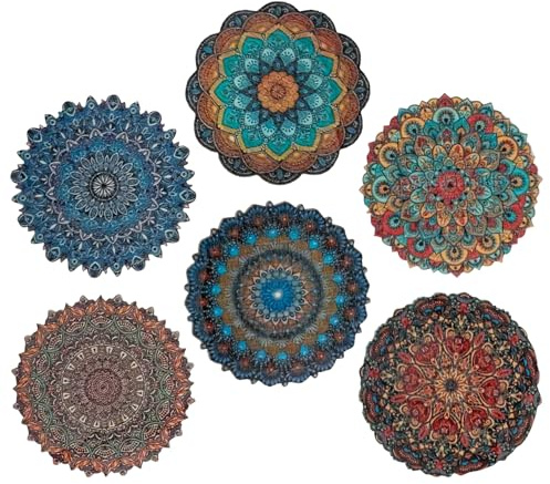 Tabanzhe 6Pcs Mandala Coasters Set,Non-Slip Cork Drink Coasters Heat Resistant Beer Mats Round Woven Cup Pads for Coffee Mug, Wine Glass, Bottle,Table Protection for Home Bar Pub