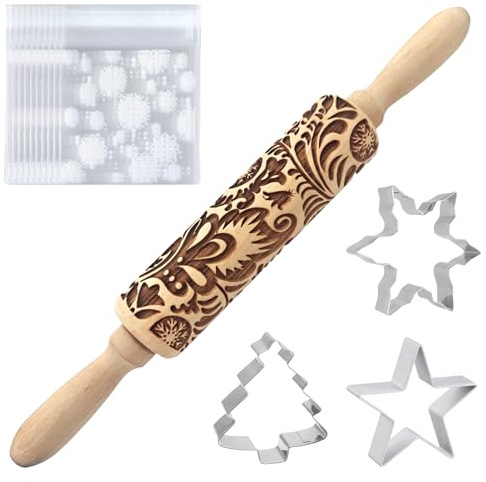 Juego de Moldes para Rodillos de Amasar Navideños,Amasar con Dibujos Tallada en Relieve,Cortadores de Galletas Navideñas,Rodillo de Amasar,Moldes Galletas,Navideñas para Hornear Decoraciones