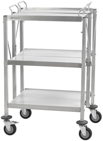 Mahlzeit Faltbarer Servierwagen Edelstahl mit 3 Etagen | 67 x 46 x 98 cm | klappbarer Küchenwagen mit Rollen | Beistelltisch für Küche & Grill