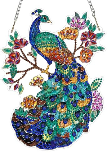 MEIYUDA Hanging 5D DIY Diamond Art Kits Adults Peacock, Flower Diamond Painting Kit for Beginners Kids Suncatcher, Arts and Craft Kits for Adults Kids Home Wall Decor