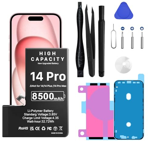 Batterie pour iPhone 14 Pro, 8500mAh Nouvelle Mise à Niveau Batterie Haute Capacité de Remplacement pour iPhone 14 Pro, A2890, A2650, A2889, A2892 avec Kit de Réparation