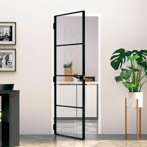 QJBSAVVA Innentür Schwarz Hartglas 76x201,5 cm, dünner Aluminiumrahmen Modernes Design Lichtdurchlässige Zimmertür mit Zarge kompatibel für Wohnzimmer Büro Flur Küche Schlafzimmer