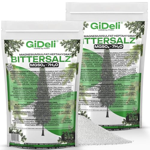 GiDeli Bittersalz Magnesiumsulfat 2 x 5 kg Dünger für Koniferen & Thuja | reich an Magnesium und Schwefel, wasserlösliche Kristalle, getrennt verpackte Portionen, für Nadelbäume und Hecke