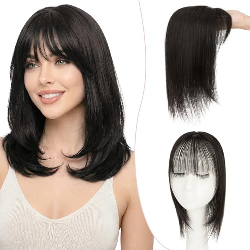 SEGO Pro hårstycke med lugg äkta hår hårdel toppers clip in Extensions toupet hårförlängning ponny toupee kvinnor Remy med 3 klämmor 35 cm natursvart #1B