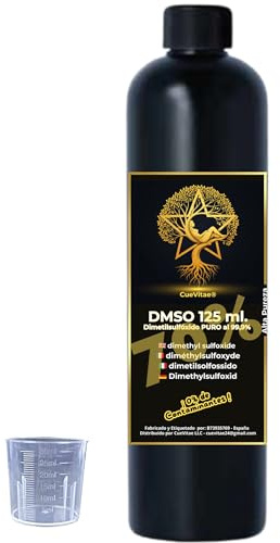 CueVitae® DMSO al 70% | 125 ml. | Dimetilsulfóxido Máxima Pureza | Envase: Plástico HDPE Uso Alimentario | Superligero y Anticaídas | Con Precinto de Seguridad, Gotero y Vaso Dosificador de Regalo.