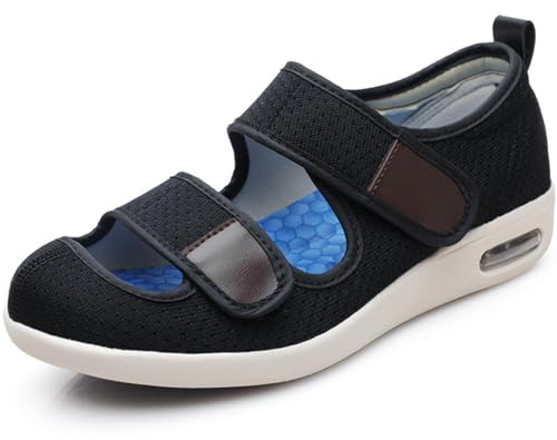 Wizeny Sandali Diabetici Donna Larghe Scarpe da Riabilitazione Ortopediche Regolabili Antiscivolo Piedi Gonfi Regolabili La Neuropatia Dolorosa,Nero,38 EU