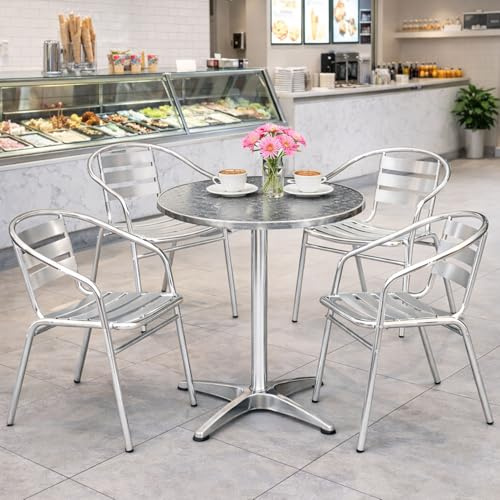 Mojawo® Bistrogarnitur 4-teilig 4 Bistrostühle Aluminium Stapelstuhl + Bistrotisch Aluminium Rund Ø60cm H70cm / 110 cm höhenverstellbar + klappbar