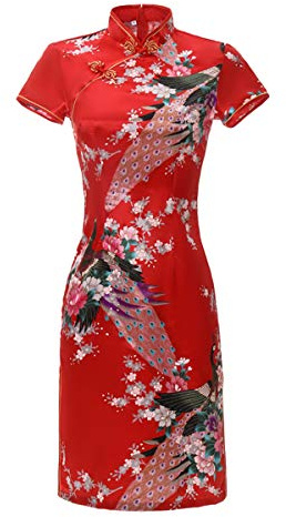 ACVIP Kvinnors påfågelblomma tryck kortärmad Qipao kinesisk traditionell klänning ovanför knälängden, Röd, 42 SE