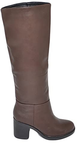 Stivali Donna Alto Punta Tonda Marrone Gambale Aderente al Ginocchio Liscio Tacco Largo 5 Plateau avanti Moda elegan Zip (38 EU)