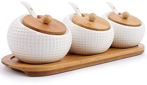 Porcelain Condiment Jar Spice Container With Lids - Cap, Ceramic Serving Spoon, Wooden Tray - Best Pottery Cruet Pot For Your Home, Kitchen, Counter. White,170 ML (5.8 Oz), Set Of 3pc.
