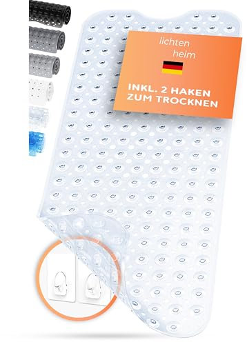 Lichttenheim, tappetino da doccia antiscivolo, sensitivo, 100 x 40 cm, con 2 ganci, tappetino antiscivolo per vasca da bagno, senza BPA, resistente alla muffa e lavabile (trasparente)